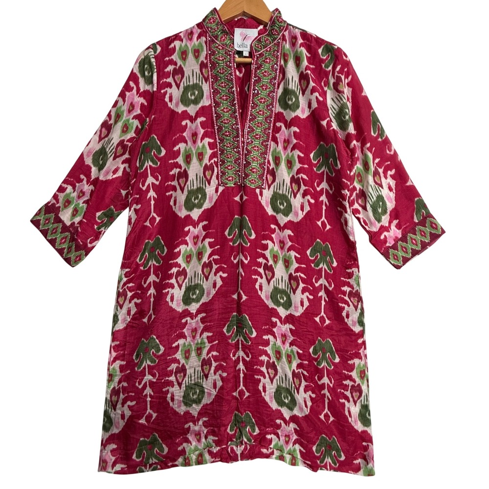 Bella Tu L Pink Ikat Tunic Dress Beaded Embroidered Viscose Boho India